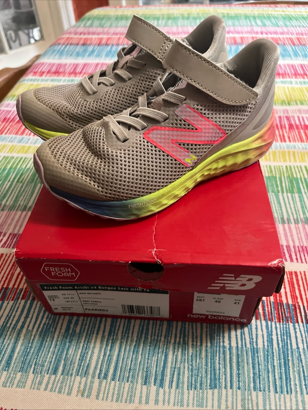 New Balance Kids Taupe Mesh Sneakers with Pink and Yellow Accents